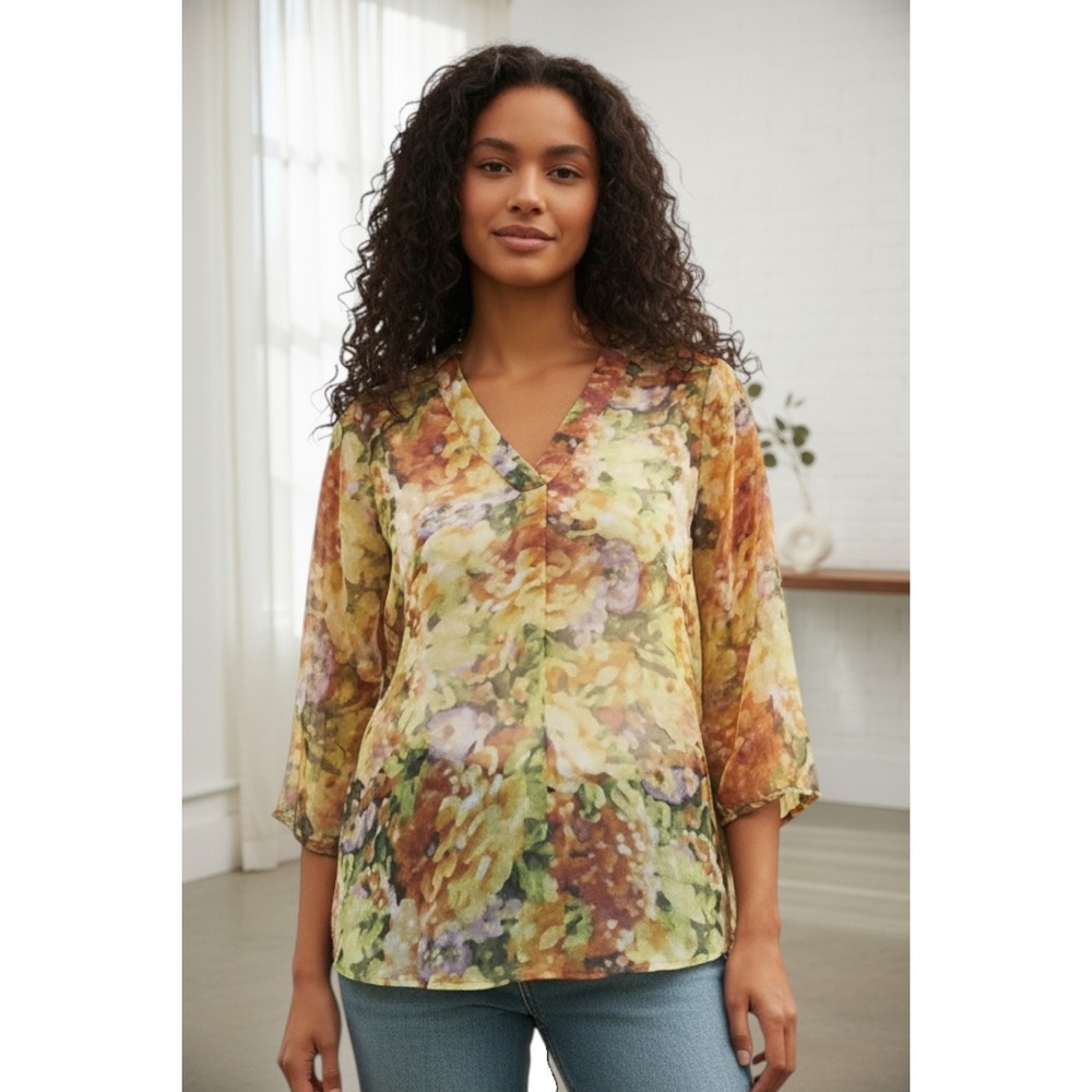 Liz Claiborne Womens Floral V-Neck Blouse 3/4 Sleeve Multi-Color Chiffon Top L
